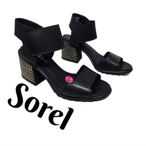 Sorel Nadia Womens Sling Back Sandels Sz 7.5 Black Leather & Fabric Chunky Heel